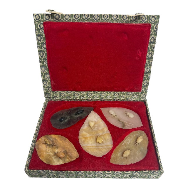 Vintage Boxed Set of Carved Jade Insect Leaves For Sale