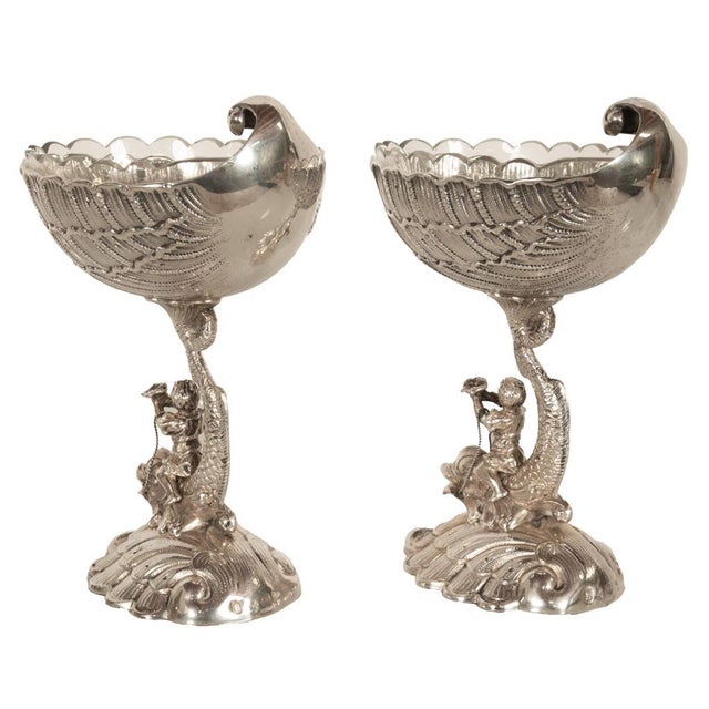 Late 19th Century Antique Pair German Silver Master Salts Grotto Shells Putti Dolphins Hannau 1890 For Sale - Image 5 of 17