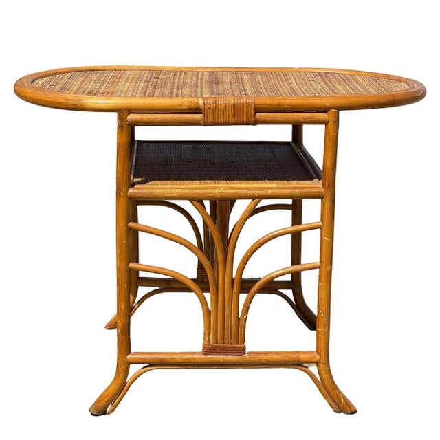 Art Deco 1940s Restored Art Deco "Palm" Rattan Side Drink Table W/ Rice Mat Top For Sale - Image 3 of 7