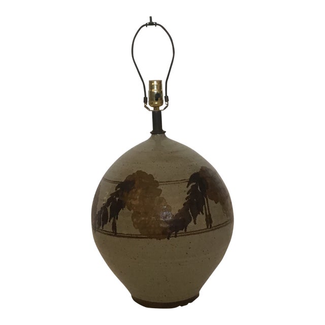 Large-Scale Vintage Ceramic Lamp, Stripe & Leaf Motif For Sale