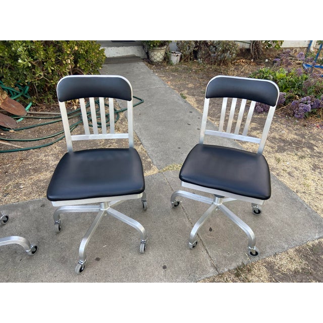 Emeco 1022 Aluminum Leather Navy Semi Upholstered Swivel Chairs Set of 3 For Sale - Image 16 of 18