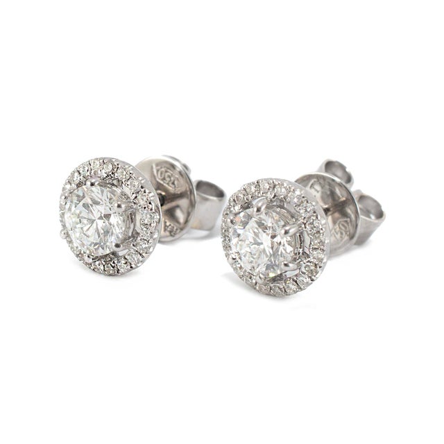 Modern Unisex 18k White Gold Gia 1.21ctw Round Brilliant Cut Diamond Halo Stud Earrings, A Pair For Sale - Image 3 of 10