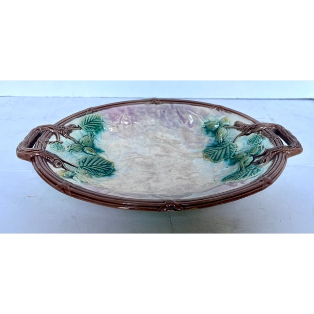 French Country Antique French Majolica Hand Painted Double Handle Plate For Sale - Image 3 of 12