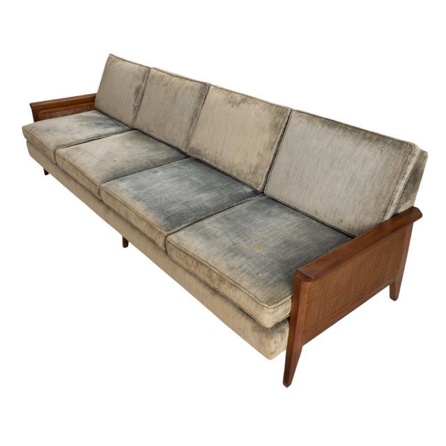 1960s Mid Century Modern Caned Walnut Velvet Long Sofa for Reupholstery 101" For Sale - Image 15 of 16