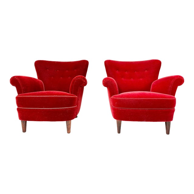 1940s Red Velvet Danish Lounge Chairs - Set of 2 For Sale