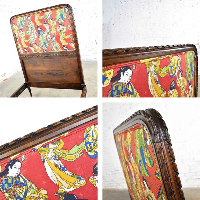 Antique French Carved Walnut and Upholstered Twin Bed With Asian Figural Fabric For Sale - Image 11 of 12
