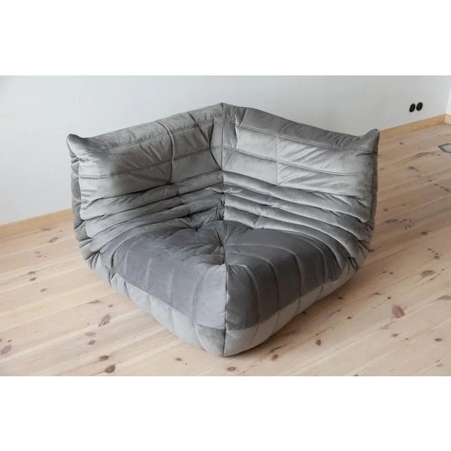 Elephant Grey Velvet Togo Corner Chair, 2- and 3-Seat Sofa by Michel Ducaroy for Ligne Roset, Set of 3 For Sale - Image 11 of 18