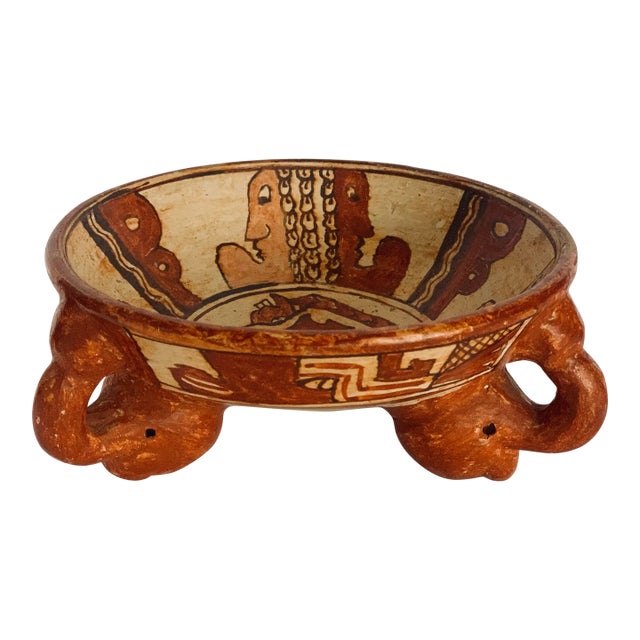 Vintage Pre-Columbian, Mayan Style Polychromed Rattling Tripod Pottery Bowl For Sale