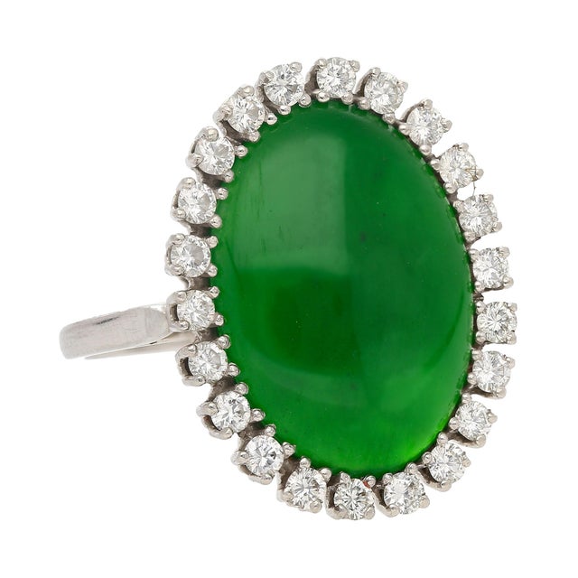 Antique Jadeite Jade & Diamond Halo Platinum 900 Statement Ring, Size 6 For Sale - Image 4 of 8
