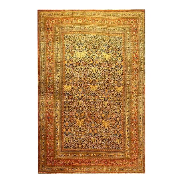 1820s Antique Navy Cypress Tree Knotted Wool Persian Mashad Gallery Khorasan Rug For Sale
