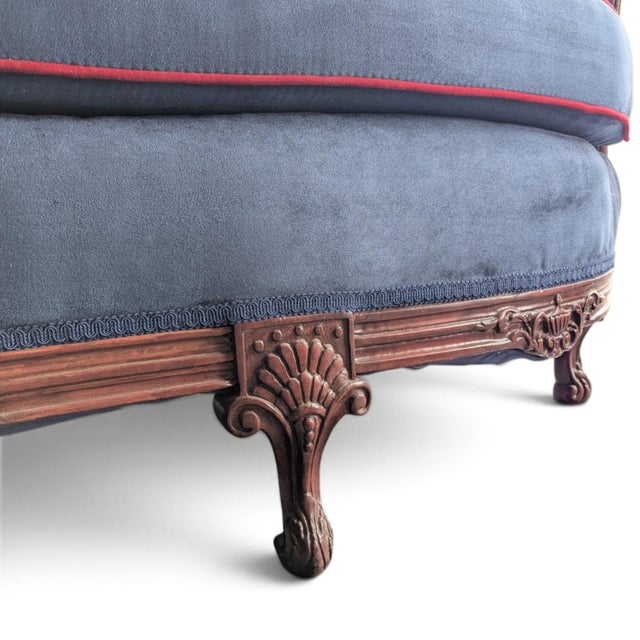 Vintage Union Jack Upholstered Sofa With Ornate Carved Wood Frame For Sale - Image 9 of 18