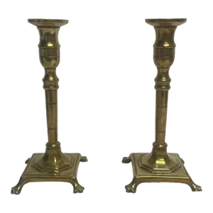 1950 English Brass Paw Feet Candlesticks, a Pair
