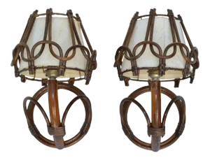Organic Bend Bamboo Sconce Woven Bamboo Cased Fiber Shades France 1950 - Pair