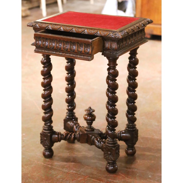 Brown 19th Century French Louis XIII Carved Walnut Side Table With Velvet Top For Sale - Image 8 of 15