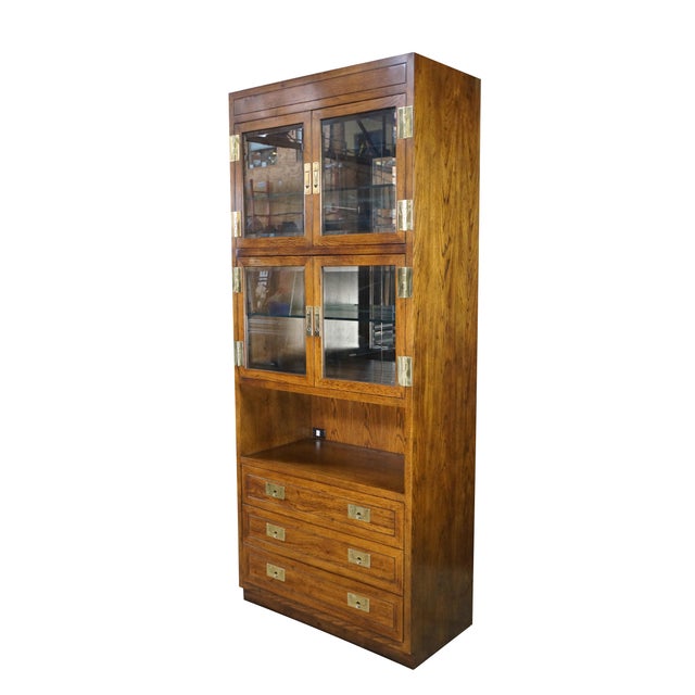 Mid-Century Modern 1980s Henredon Scene One Oak Campaign Curio Display Cabinet Library Bookcase 84" For Sale - Image 3 of 15