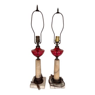 1940s Re-Worked Oil Lamps in Cranberry Glass, Alabaster and Marble With Silk Shades - a Pair For Sale