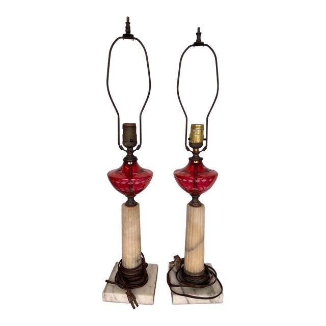 1940s Re-Worked Oil Lamps in Cranberry Glass, Alabaster and Marble With Silk Shades - a Pair For Sale