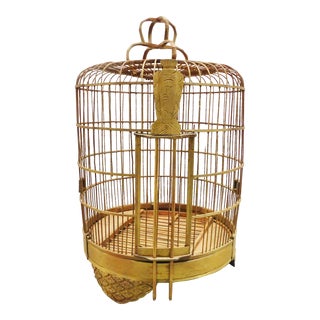 Vintage Ornate Carved Bamboo Wood Gold Relief Bird Cage For Sale