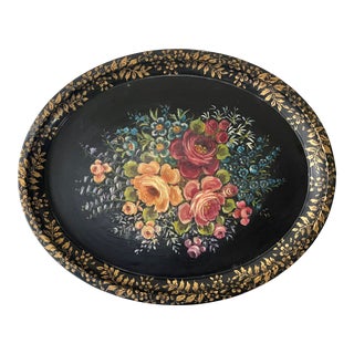 Antique Enamel Oval Serving Tray - Hand Painted Floral Design For Sale