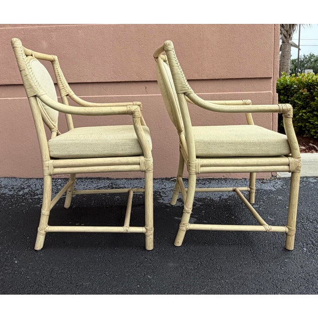 Ficks Reed Vintage Ficks Reed Rattan Dining Armchairs With Teardrop Upholstered Backs, a Pair For Sale - Image 4 of 12