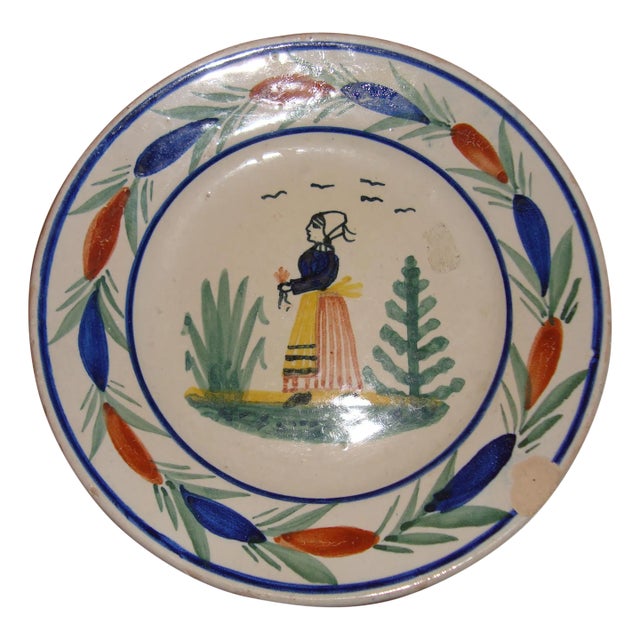 Antique French and Painted Quimper Henriot Hb Plate From Brittany, Signed Hb Quimper For Sale