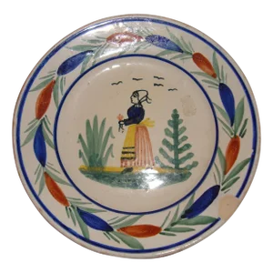 Antique French and Painted Quimper Henriot Hb Plate From Brittany, Signed Hb Quimper