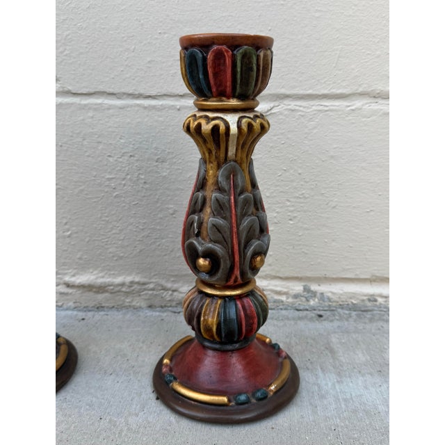 Vintage Hand-Carved Polychrome Wood Candle Holders – Pair For Sale - Image 4 of 12
