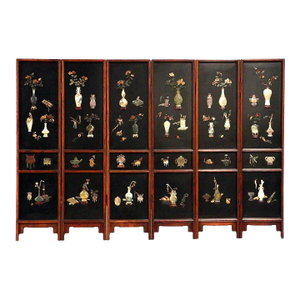 Chinese Lacquered Wood Folding Floor Screen with Gemstone Inlays