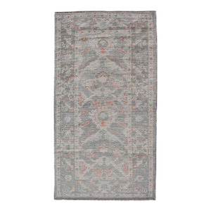 All-Over Floral Design Turkish Oushak Rug in Soft Gray and Blush Tones