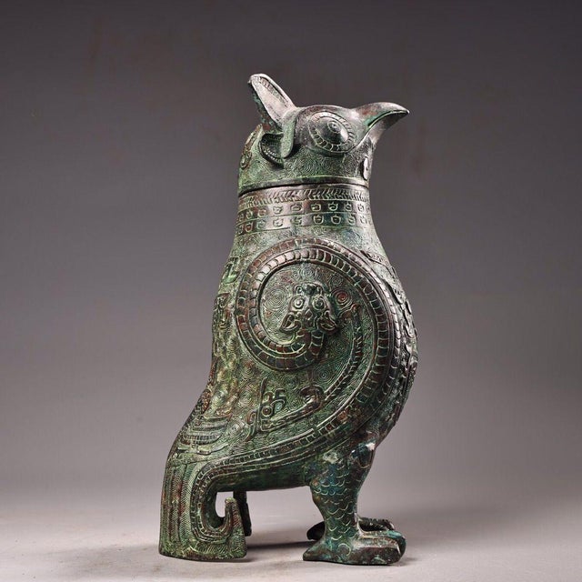 Asian Late 19th Century Bronze Owl-Form Ritual Vessel With Lid, 1850g, Archaic Motifs For Sale - Image 3 of 10