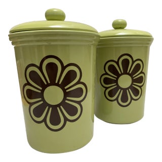 Vintage Green Flower Mod Set of Two Canisters For Sale