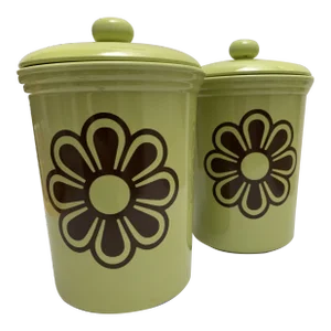 Vintage Green Flower Mod Set of Two Canisters