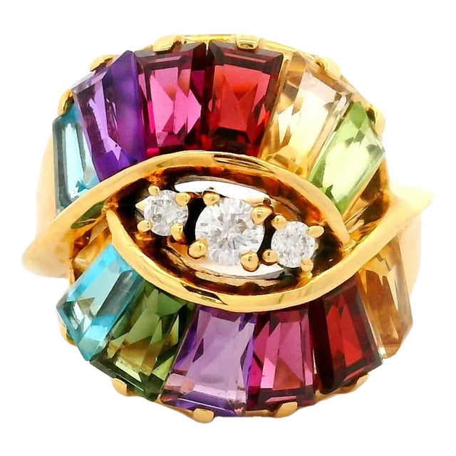 Multi-Color Gemstones Diamond 18k Yellow Gold Ring, Size 6.25 For Sale
