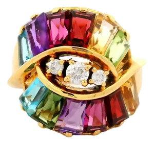 Multi-Color Gemstones Diamond 18k Yellow Gold Ring, Size 6.25