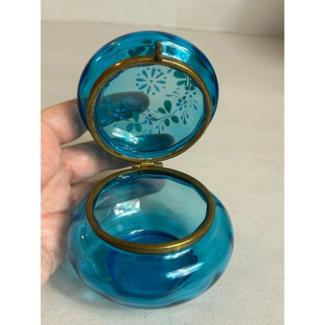 Antique Victorian Attributed to Moser Vanity Powder Jar Painted Blue Bohemian Glass Brass Hinge For Sale In Orlando - Image 6 of 12
