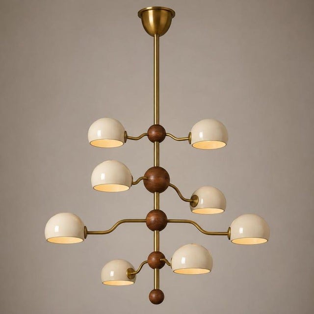 Metal 8 Light Brass Dome Chandelier, Mid Century Tiered Pendant Light, Cream Shade Ceiling Fixture, Sculptural Dining Room Lighting For Sale - Image 7 of 9