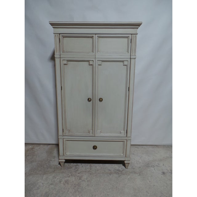 This is a unique Swedish Gustavian style 2 door 1 exterior drawer. it was restored and repainted with Milk Paints "Oyster...