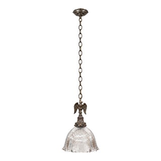 Eagle Pendant Light, Ribbed Glass Shade, Upcycled Vintage Fixture, 12 Inch For Sale