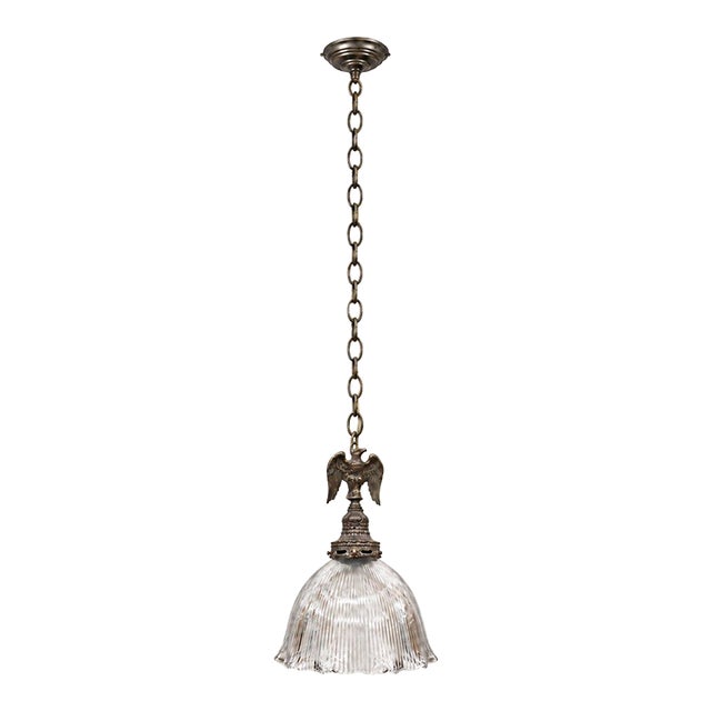 Vintage Eagle Pendant Light, Ribbed Glass Shade, Upcycled Fixture For Sale