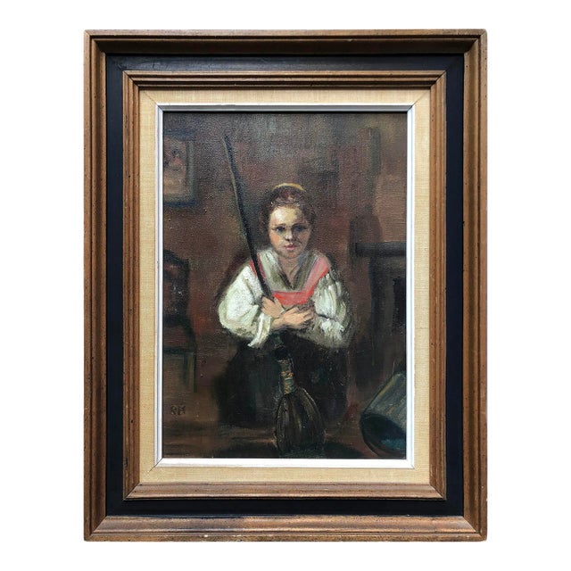 Mid 20th C. Impressionist Oil on Canvas Painting of Girl in Folk Attire, Framed & Signed For Sale