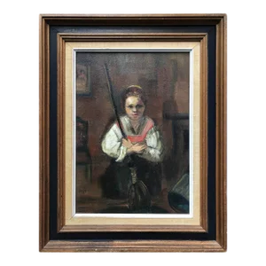 Mid 20th C. Impressionist Oil on Canvas Painting of Girl in Folk Attire, Framed & Signed