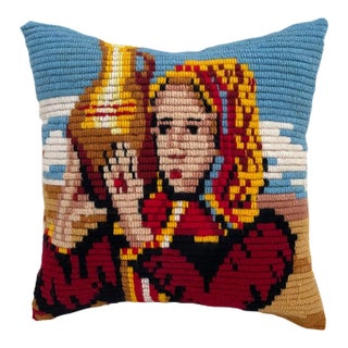 Contemporary Pillow Made From Vintage Girl With Vessel Needlepoint For Sale