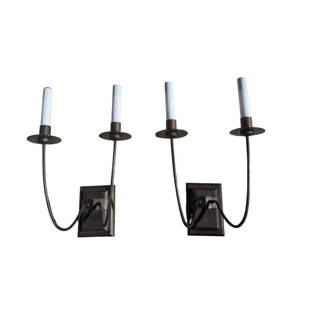 Brutalist Thomas O’ Brien for Visual Comforts Double Arm Wall Light Sconce- A Pair For Sale - Image 3 of 10