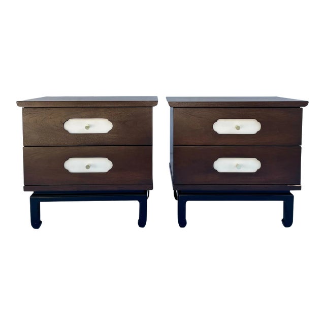 Here is a beautiful and unique pair of nightstands designed/made by American of Martinsville. The nightstands feature a...