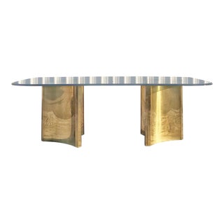 1970s Mastercraft Brass Trilobi Double Pedestal Dining Table With Glass Top For Sale