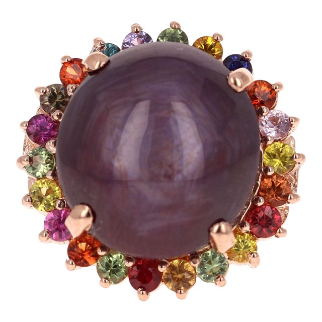 Gia Certified Star Ruby Sapphire Gold Cocktail Ring, Roshe Jewels, 37.55 Carats, Size 7 For Sale