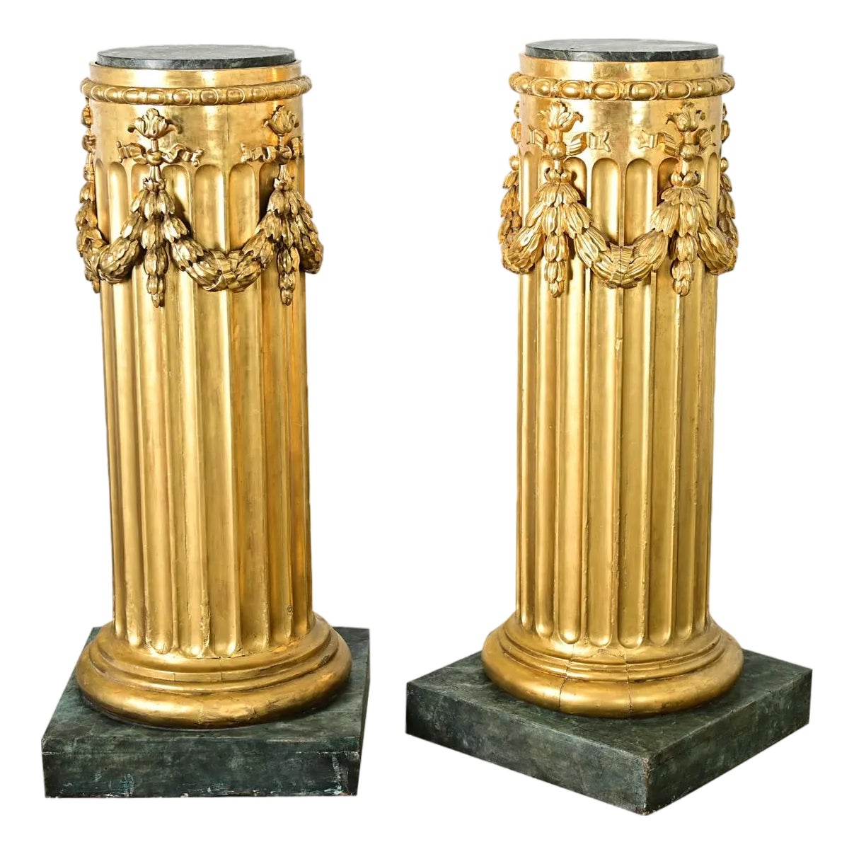 French Pair of Neoclassical Giltwood & Marble Top Columns | Chairish