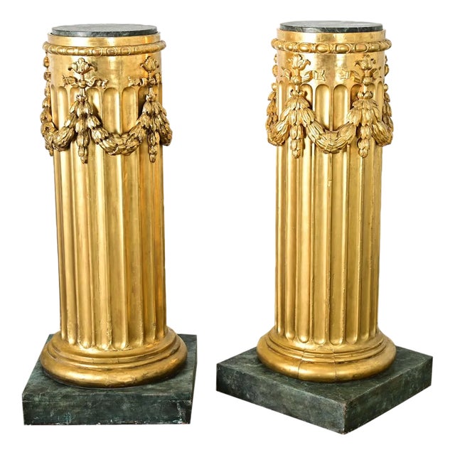 French Pair of Neoclassical Giltwood & Marble Top Columns For Sale