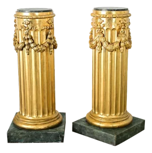 French Pair of Neoclassical Giltwood & Marble Top Columns