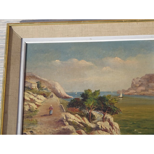 Antique painting, mid-19th century. 19th-century Provençal landscape: sea, calanque path, Aleppo pine. Realistic depiction...